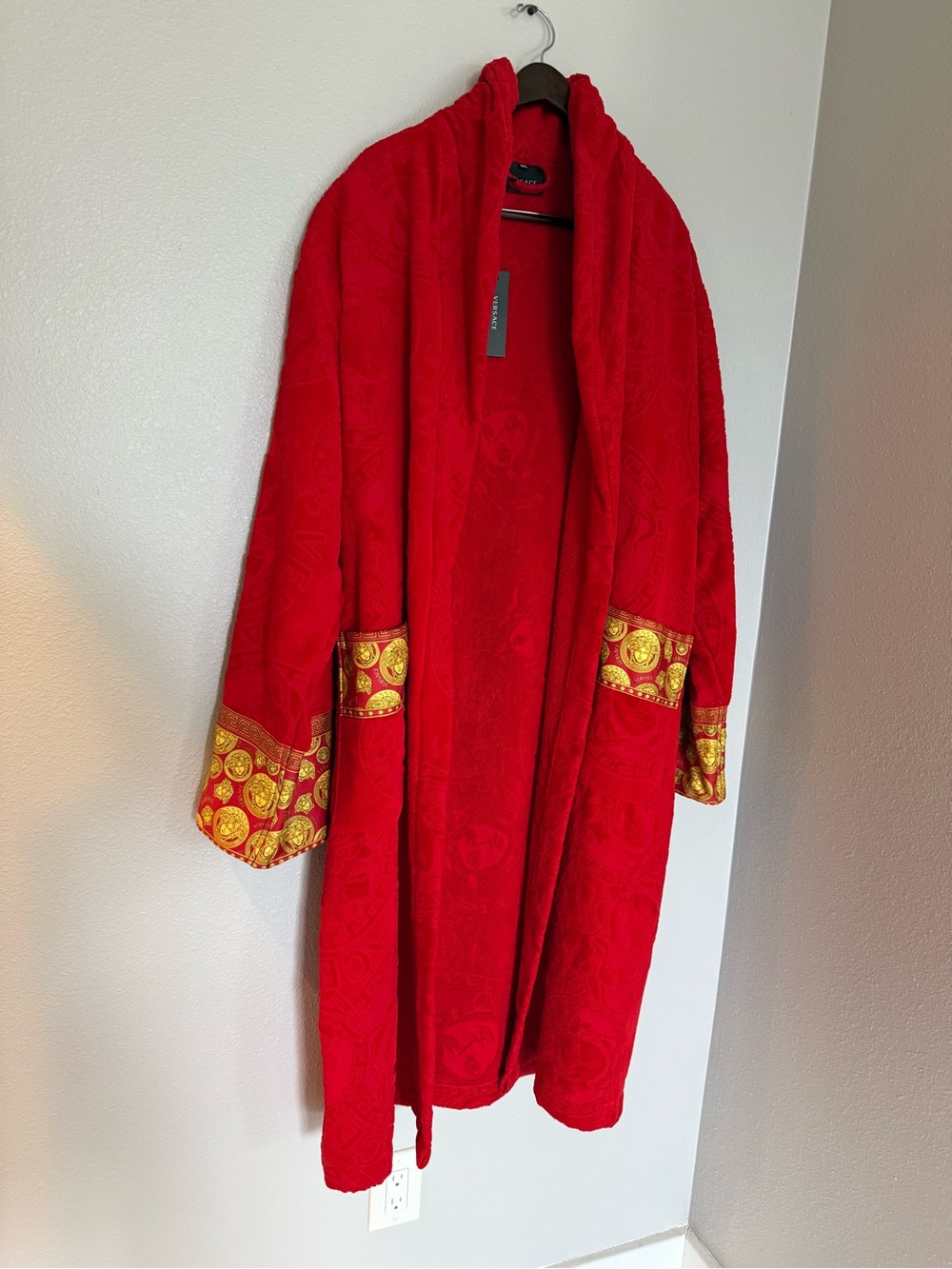 Versace Red Velvet Robe with Gold Medallion Trim - Picture 3 of 8